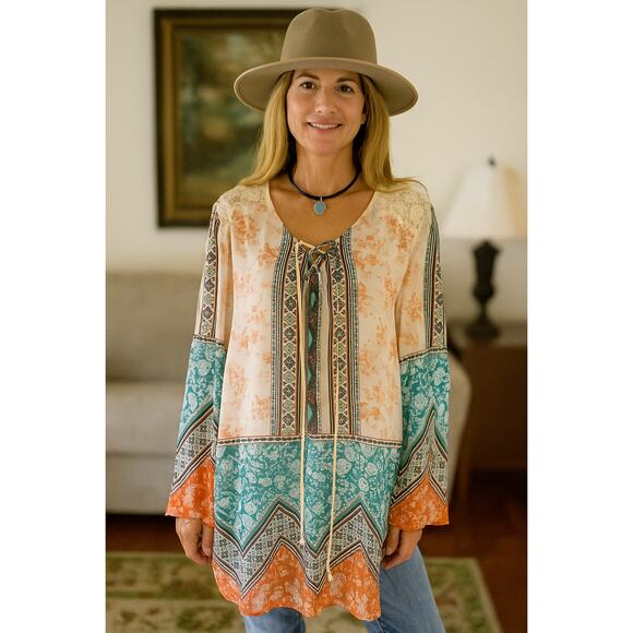 Fig and Flower Laceup Top Womens Sz XL Mixed Aztec & Floral Prints Boho Peasant - Picture 1 of 8